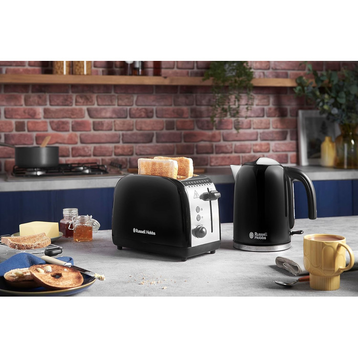 Тостер Russell Hobbs Colours Plus на 2 тости, нержавіюча сталь, чорний, з широкими відділеннями, підставкою для булочок, 6 режимів підсмажування, функцією розморожування, Lift & Look, 1600 Вт (26550-56)