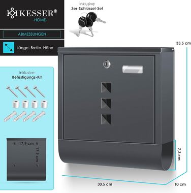 Поштова скринька KESSER® з газетницею та іменним табличкою, нержавіюча сталь, антрацит. Замок на 3 ключі, з віконцем, порошкове покриття, настінний монтаж
