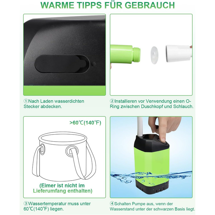 AUTOPkio Camping Shower with Battery, Upgraded Camping Shower 4500mAh Rechargeable Pump, IPX7 Waterproof for Camp, Outdoor, Hiking, Car Washing, Pet (Green)