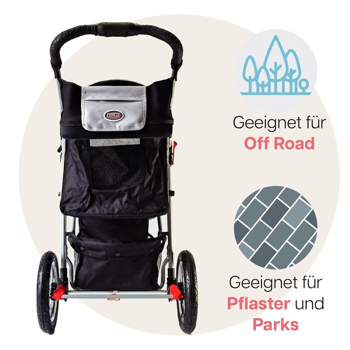 Візок для собак Innopet Comfort Air Eco чорного та срібного кольорів – візок для собак/кішок з колесами діаметром 30 см, складається в одну руку, підходить для лісових стежок – світловідбиваючі смуги, органайзер, перероблений нейлоновий матеріал