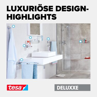 tesa DELUXXE Towel Ring, chrome-plated - rectangular towel holder ring - for wall mounting without drilling, including adhesive solution - 185mm x 156mm x 45mm