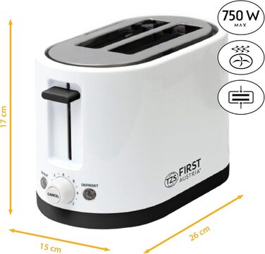 Тостер TZS First Austria 4-х секційний з широким прорізом, 1400 Вт, з підсвічуванням, з лотком для крихт, підставка для тостів, теплоізольований корпус, регулювання температури, корпус з нержавіючої сталі, функція розморожування, центрування хліба, білий