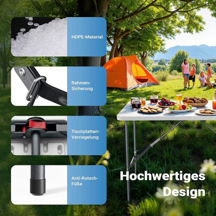 Складний кемпінговий стіл Wiltec 122x60x75 см з ручкою для перенесення - для пікніка, саду, вечірок