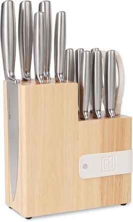 13-Piece Premium Stainless Steel Knife Block Set with Magnetic Storage - Ergonomic Handles, Kitchen Chef's Knife Set, Acacia Wood Block with Leather Strap
