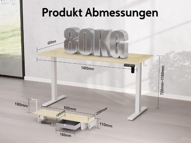 Electric Standing Desk with Drawers - Adjustable Height Desk for Home Office & Business - Monitor Stand & Phone Holder - 140x60cm Oak Finish