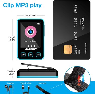 MP3 плеєр Bluetooth 5.3 зі спортивним кліпом та браслетом, 1.77