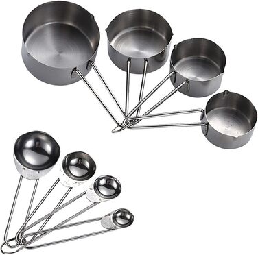 8-Piece Measuring Cup and Spoon Set, 4 Measuring Cups with Handles and 4 Coffee Measuring Spoons, Stainless Steel, Non-toxic, Rust-proof, Well-made, Professional Kitchen Measuring Set, Silver