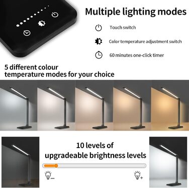 LED лампа настільна LQWELL® з регулюванням яскравості, металева, 5 кольорів, 10 рівнів яскравості, USB-зарядка, сенсорне управління, пам'ять, для дітей, чорна, QM019