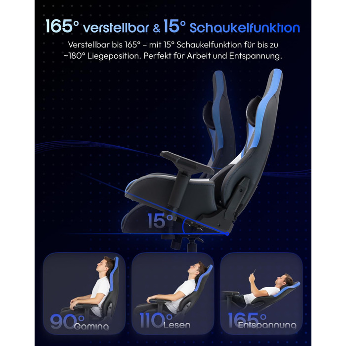 Ігровий крісло Dowinx з 4D підлокітниками, функцією гойдання 15° та регулюванням спинки до 165°, масажний, ергономічний, дизайн у стилі гоночного авто, для геймерів, Esport, максимальне навантаження 135 кг (блакитний)