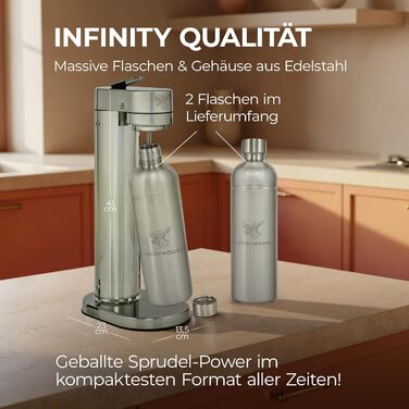 Сифон для газування води Luckymoose Infinity-S з нержавіючої сталі, 2 пляшки 1.25л, сріблястий - надійний генератор газованої води з гігієнічною насадкою