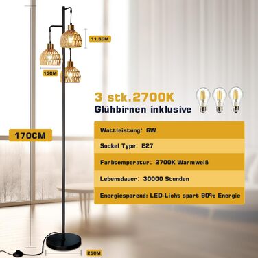 Стійка лампа ShineMuse Boho з ротангу, чорна, вінтаж, 170 см, 3 E27, LED, диммер, для вітальні