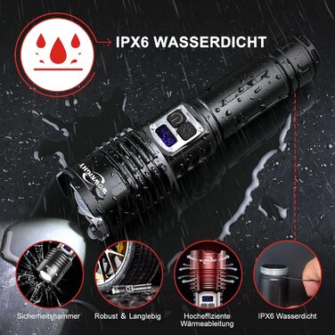LED ліхтарик на акумуляторі 500000 люмен, 2 режими, USB-C, тактичний, потужний, регулювання яскравості, налобний, для активного відпочинку та надзвичайних ситуацій, Obsidianschwarz