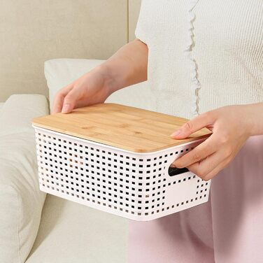 Storage Box with Bamboo Lid Small 3 Pieces 5L Storage Box Bathroom Box with Lid Bathroom Organizer 25x18x10cm Plastic Box Kitchen Storage Boxes Baskets Containers Stackable Boxes (White)