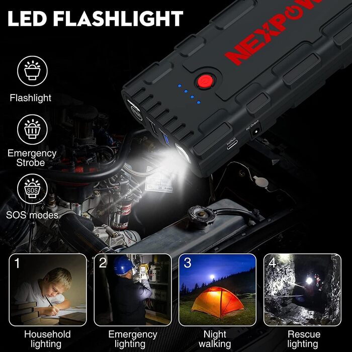 Powerbank NEXPOW Starthilfe: портативний пусковий пристрій для автомобіля 2000A, 12V, USB-швидка зарядка 3.0 (до 7.0L бензин/6.5L дизель), LED-ліхтар, чорний