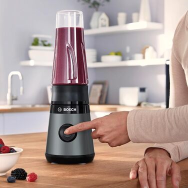 Bosch Mini-Standmixer VitaPower Serie 2 MMB2111S, High-Speed Mixer, up to 40,000 rpm, Tritan ToGo bottle 0.6 L, drinking lid, shatterproof, dishwasher-safe parts, 450W, Silver/black Single
