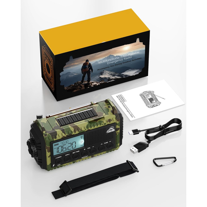 Радіо Kurbelradio на сонячній батареї та з ручкою, 12000mAh, AM/FM/SW, USB-зарядка, SOS-сигнал, ліхтарик, для кемпінгу та надзвичайних ситуацій, зелений камуфляж