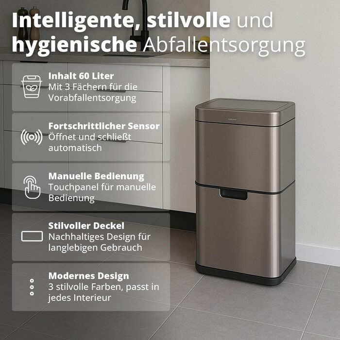 Сортувальний відро для сміття FLINQ Senzaro Sensor 3 відділення (2x12л + 36л) - 60л, нержавіюча сталь, автоматичне відкриття, для кухні