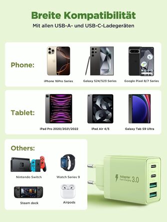 Мережевий адаптер Aioneus USB-C з 4 портами, 40W, PD 3.0, білий (1 шт., світло-зелений)