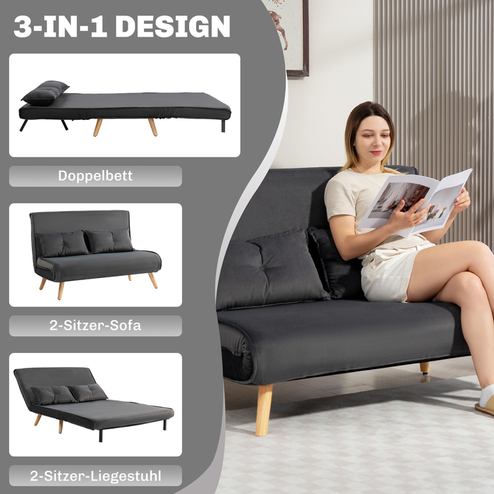 HOMCOM 2-Seater Sleeper Sofa, Convertible Sofa Bed, Adjustable Backrest, Fabric Upholstery, Metal Frame, Gray