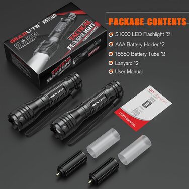 LED ліхтарик GEARLITE 4000 Lumen: 2 шт. в комплекті, водонепроникний, з зумом, для кемпінгу, туризму, надзвичайних ситуацій