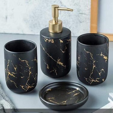 Набір аксесуарів для ванної кімнати FülleMore (4 шт.) з кераміки, імітація мармуру. Включає дозатор для мила (300 мл), мильницю, тримач для зубних щіток/склянку. Чорний колір.