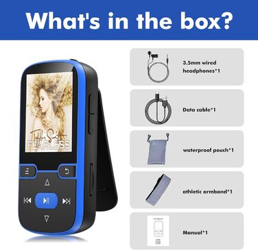 MP3 плеєр Bluetooth 5.3 з кліпсою, HiFi плеєр для спорту та дітей, 64GB, FM-радіо, диктофон, крокомір, екран 1.5