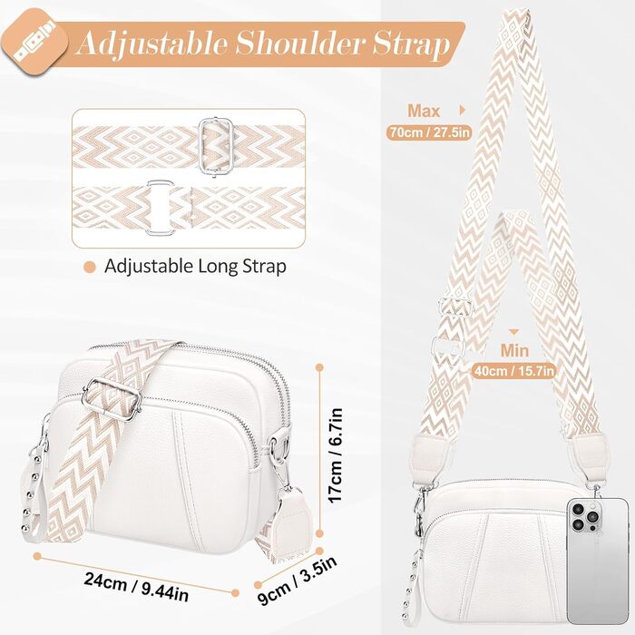 Сумка жіноча через плече кросбоді біла зі шкіри, маленька, з широким ременем та відділенням для карт, знімний ремінець