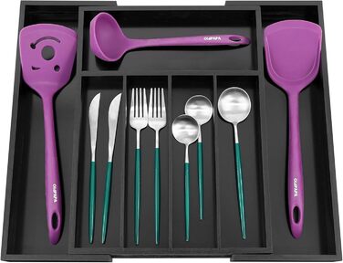 Органайзер для столових приладів Utoplike з бамбука, розширюваний, для кухні та офісу, чорний (5-7 секцій)