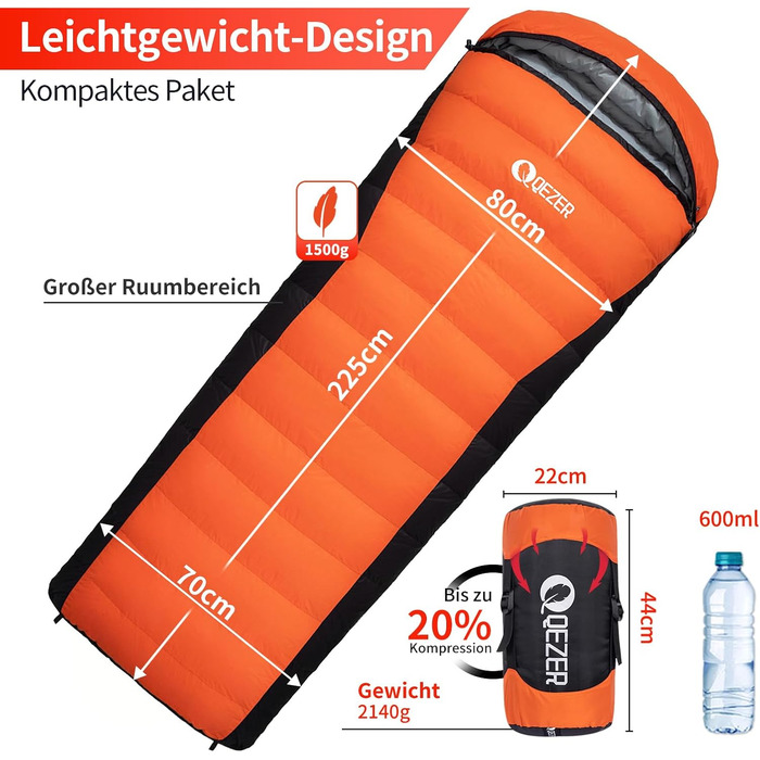 Спальний мішок пуховий зимовий, 600FP+ Premium, 7°C/ -24°C, легкий, теплий, 3-4 сезони, для кемпінгу, трекінгу, чорний/помаранчевий