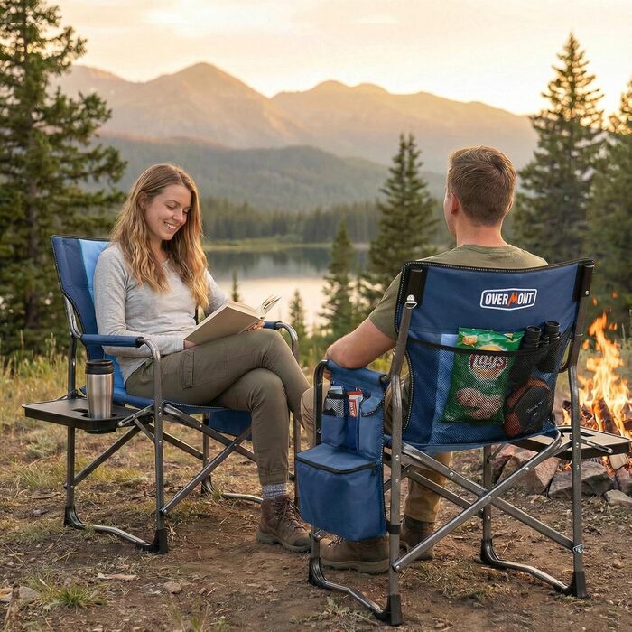 Кемпінговий стілець OVERMONT складний з бічним столиком та охолоджувальною сумкою, до 180 кг, синій