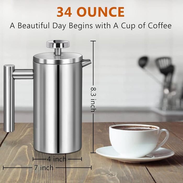 Make a French press coffee machine, 21oz stainless steel French press with a 3-level filtration system, double-walled insulated French press with 3 filters and 1 metal spoon, black
