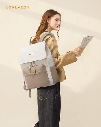 LOVEVOOK Рюкзак для жінок, 17.3 дюйми, рюкзак для ноутбука, підлітки, водонепроникний, дівчатка, легкий, для школи, університету, подорожей, роботи, з відділенням для ноутбука, жіночий, повсякденний, (M-15.6 дюйми, Бежевий+хакі)