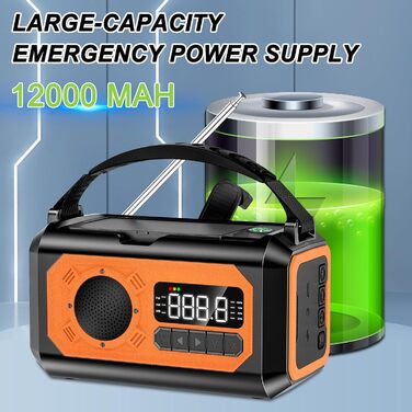 Радіо на сонячній батареї з ручним заводом 12000 mAh, AM/FM/NOAA, ліхтарик, SOS-сигнал, Power Bank – помаранчеве в смужку 