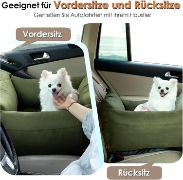 Small & Medium Dog Car Seat - Portable Pet Carrier with Extendable Bed, Washable Travel Dog Bed with Storage Pockets & Safety Belt - Green