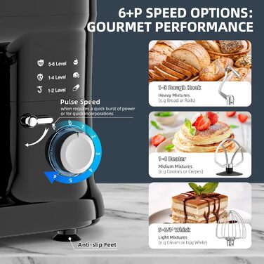 Кухонна машина-міксер з чашею 6.5л з нержавіючої сталі, 2000W, 6 швидкостей, для тіста та міксування, з набором насадок (вічорник, гак для тіста, вінчик) та захистом від бризок, чорна