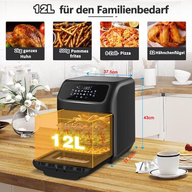 LLIVEKIT Air Fryer Hot Air Oven 12L, 1800W Mini Oven with 6 Accessories & Recipe Book, 12-in-1 Air Fryer with Digital LED Display, Fruit Dehydrator, Barbecue, Oil-Free Air Fryer 12L Black