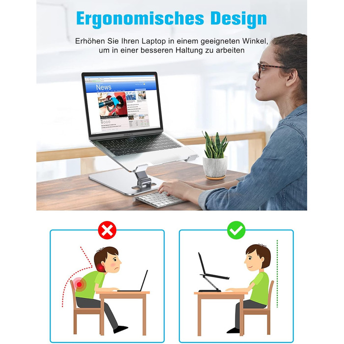 Підставка для ноутбука Babacom, регульована висота, складний, з алюмінієвого сплаву, ергономічна, з вентиляцією, сумісна з MacBook Air, Pro та ноутбуками 10-16' (срібна)