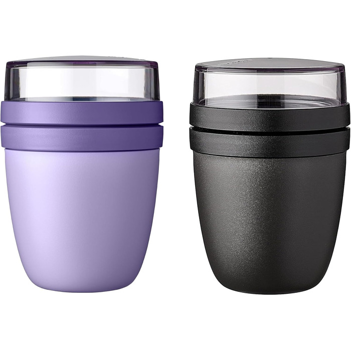 Mepal | Lunchpot Ellipse Mixed Mini | Vivid Lilac + Nordic Black | To-go muesli cup | Partition for yogurt & muesli | 300 ml + 120 ml | Suitable for freezer, microwave & dishwasher