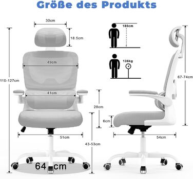 Офісне крісло Naspiro, ергономічне з регульованою підголівником, підлокітниками та підтримкою попереку, поворотне, сітчасте, для дому та офісу, сіре