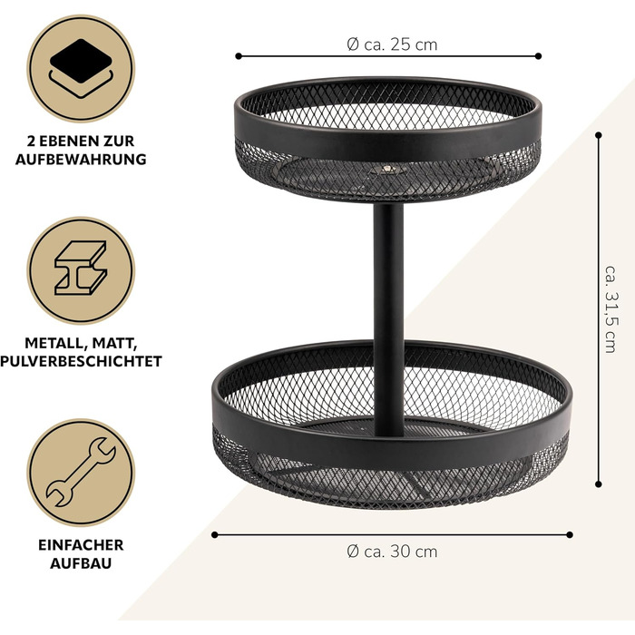 Двоярусна кругла фруктова тарілка Eluno / Корзина для хліба, металева, чорна | Для кухні та вітальні