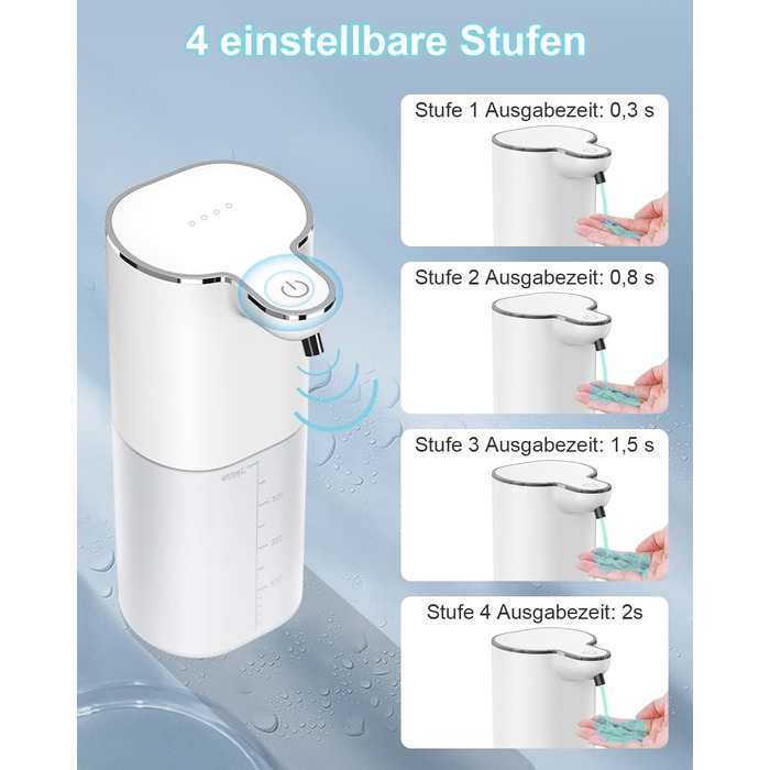 Автоматичний дозатор мила 400 мл з кріпленням на стіну, 4 рівня, IPX5, електричний, для кухні та ванної кімнати, білий