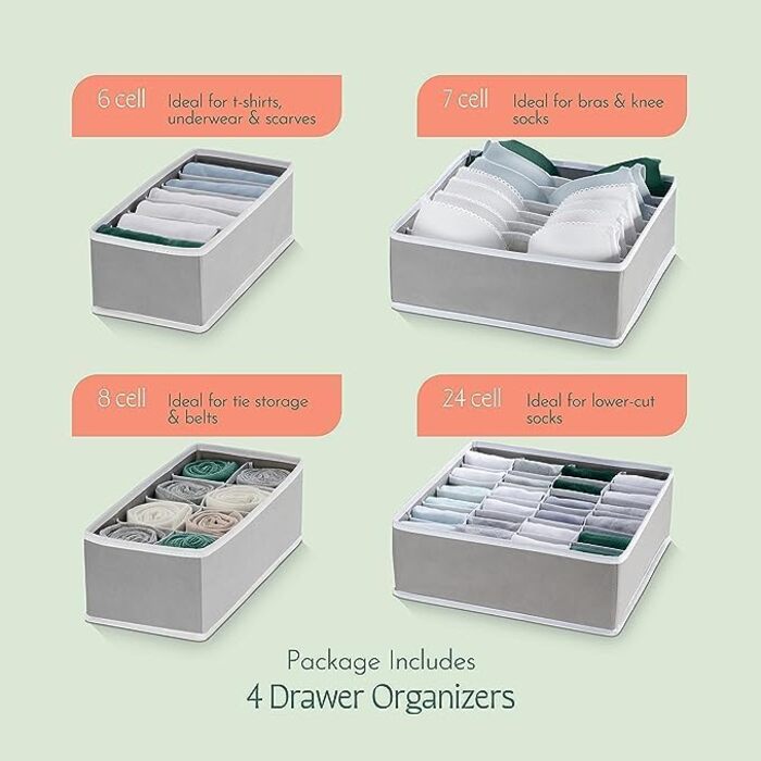 Styleys Set of 4 Foldable Storage Boxes, Drawer Dividers, Odorless Interior Lining, Storage Boxes, Closet Organizer, Under-Bed Organizer for Clothes, Shoes, Underwear, Bras (Gray - S1014)