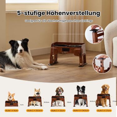 Підвищена годівниця для собак Gardner 2-в-1: миска для води без розливу та миска для повільного годування з регульованою висотою, 5 рівнів, протиковзна, для середніх та великих собак