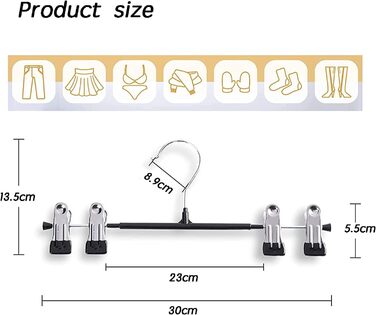 10 металевих вішалок для штанів, шкарпеток та спідниць з кліпсами, 30 см, антиковзаючі, хром, міцні, економія місця, чорний