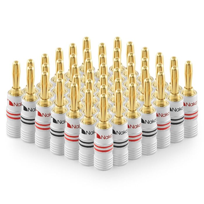 Позолочені бананові роз'єми Nakamichi 24K для акустичних кабелів 12-18 AWG, 4мм, для підсилювачів, Hi-Fi AV ресиверів та домашніх кінотеатрів, гвинтові (48 шт/24 пари)