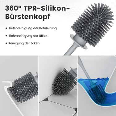 Силіконова щітка для унітазу Maxuni Stück з тримачем, без свердління, для кріплення на стіну/підлогу, довгий руків'я