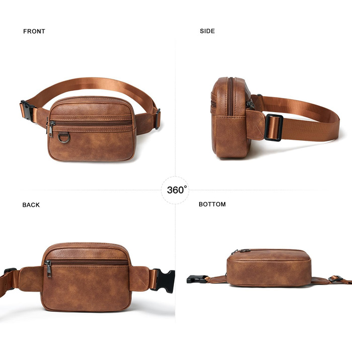 Жіноча та чоловіча поясна сумка, 2 л, веганська шкіра, коричнева, 8 дюймів, для подорожей, хайкінгу, бігу