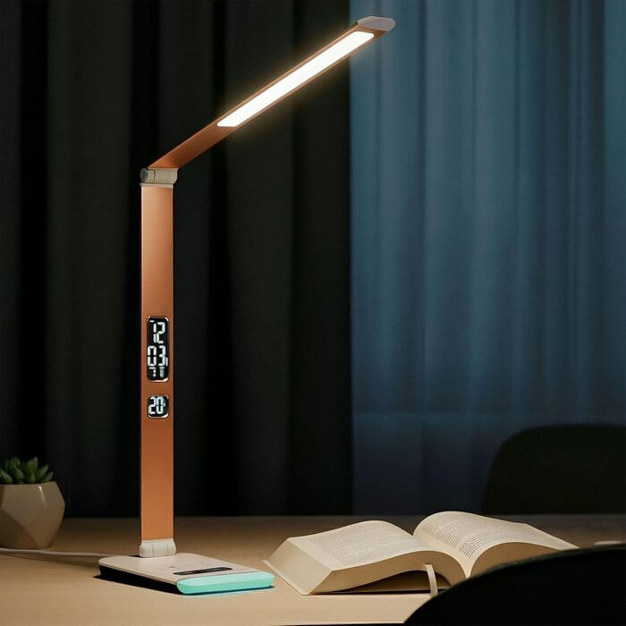 LED лампа Eaxus® для робочого столу 12 Вт з RGB підсвічуванням - регульована настільна лампа 500 lm, сенсорне управління, годинник, календар та індикатор температури, офісна лампа, аксесуари для столу, мідного кольору