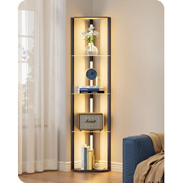 Стійка лампа EDISHINE з 4 полицями з дерева, LED диммер, 3 колірні температури, поворотний світловий маніпулятор, підсвічування полиць, футовий вимикач (чорний+скло)