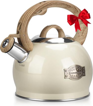 Чайник Teekessel 2.1 л з плитою, чайник з нержавіючої сталі з дерев'ястим декором, складаний ручка, для всіх типів плит (білий)